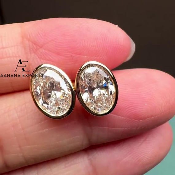 Oval Cut Lab Grown Diamond Bezel Set Studs, CVD Diamond Solitaire Earrings, 14K Solid Gold Bridesmaid Earrings, Screw Back Diamond Earrings