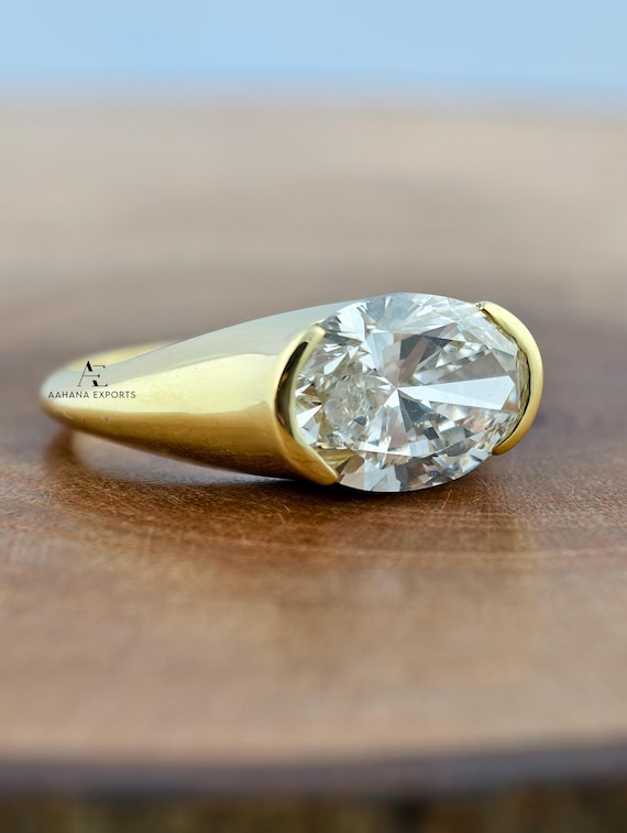 4 CT East West Oval Cut Lab Diamond Engagement Ring | Half Bezel Ring | Solitaire Ring with Thick Band | IGI Certified Diamond | Lab-Diamond