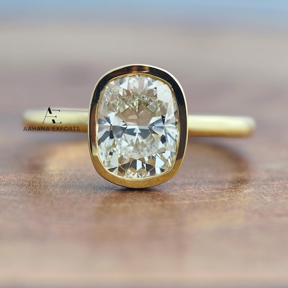 2 Carat Cushion Lab Diamond Ring | Bezel Set Solitaire Engagement Ring | 14K Ethical Yellow Gold Minimalist Ring | Modern Proposal Gift Ring