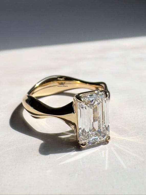 Emerald Cut Lab-Grown Engagement Ring, Flush Edge Solitaire Ring, Wave Band 14K Gold Anniversary Gift Ring, Comfort Fit Ring, Promise Gift.