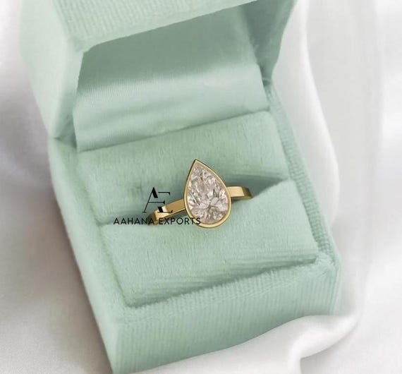 2.00 Carat Pear Cut Lab-Grown Engagement Ring/ Solitaire Diamond Cigar Wedding Ring/ Wide Band Yellow Gold Ring/ Anniversary Gift Ring