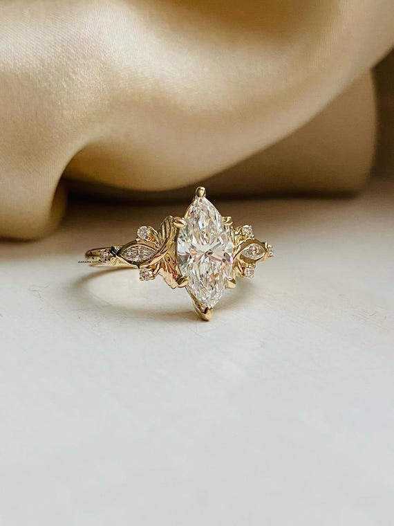 Vintage Marquise Lab-Grown Diamond Fairy Engagement Ring Flower Wedding Ring Handmade Natural Inspired Jewelry Promise Rings For Women
