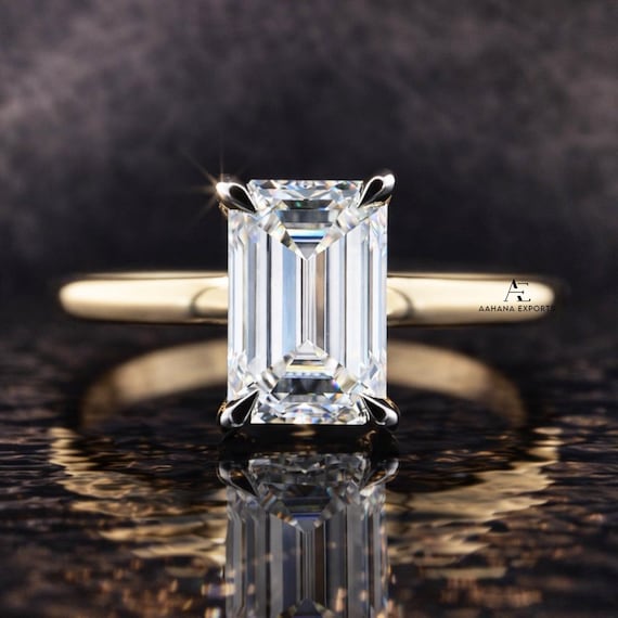 14K Gold Emerald Cut Lab Grown Diamond Engagement Ring – IGI Certified Emerald Lab Diamond / Minimalist Solitaire ring with Hidden halo.