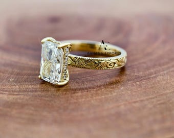 Victorian 3ct Radiant Cut Lab-Grown Engagement Ring Engraved Lab-Grown Wedding Ring Solid Gold Cathedral Setting Promise Rings For Women