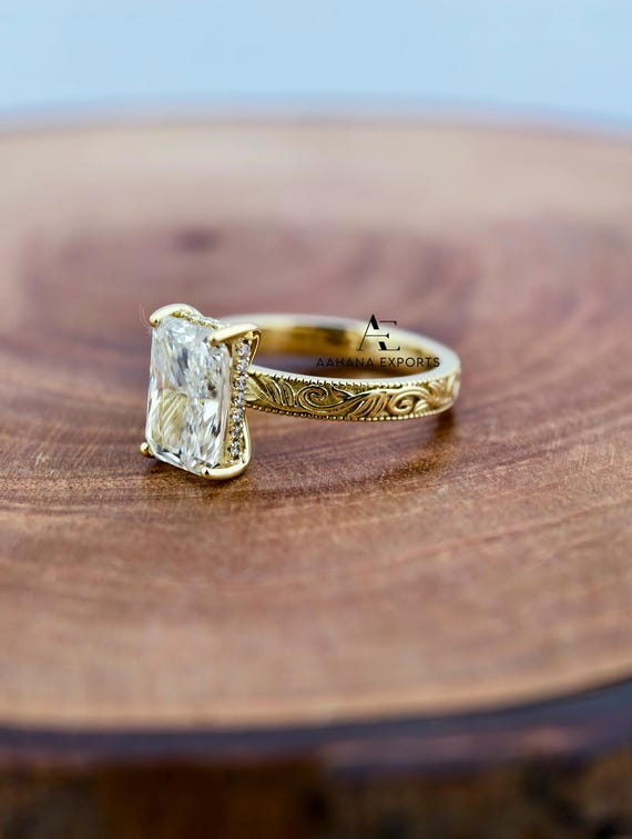 Victorian 3ct Radiant Cut Lab-Grown Engagement Ring Engraved Lab-Grown Wedding Ring Solid Gold Cathedral Setting Promise Rings For Women