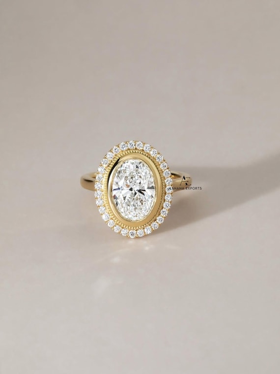 4 Carat Oval Lab-Grown Diamond Engagement Ring, 14KT Yellow Gold Halo, CLASSIC Promise Anniversary Ring for Women, Ring for Proposal