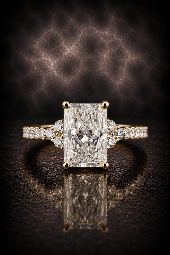 Radiant Cut 2.00 Carat IGI Certified F Color VVS2 Clarity Lab Grown Diamond Engagement Ring Hidden Halo and Side Round Diamonds, 14k Gold