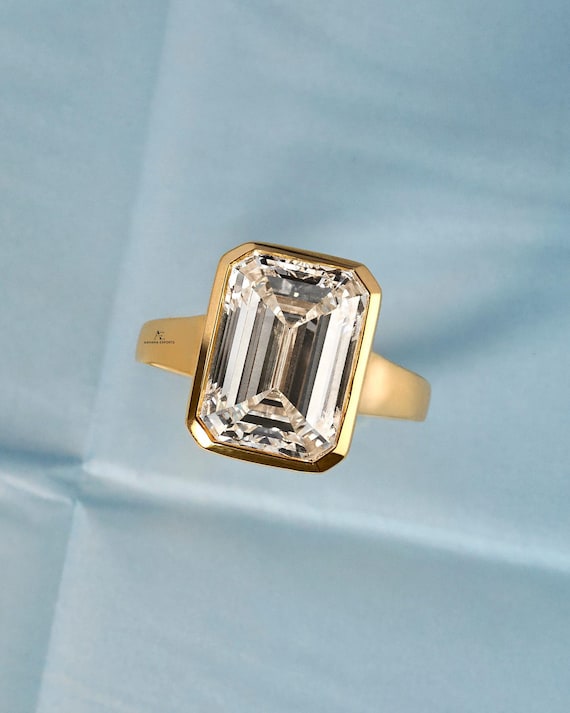 3 Carat Emerald cut Lab Grown Diamond Bezel Set Flush Fit 3MM Engagement Ring: Solid 14k Yellow Gold, Sleek Tapered Solitaire Ring
