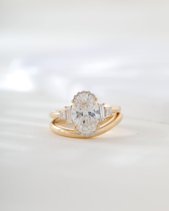 2.00 Carat IGI Certified Oval Cut Lab Grown Diamond Solitaire Engagement Ring Set, Matching Curved Wedding Band 14k Yellow Gold
