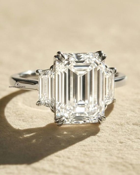 Emerald Cut 5.00 carat IGI Certified Lab Grown Diamond  Double Prongs Three Stone Engagement Ring, Side Trapezoids, Handmade Solid Gold