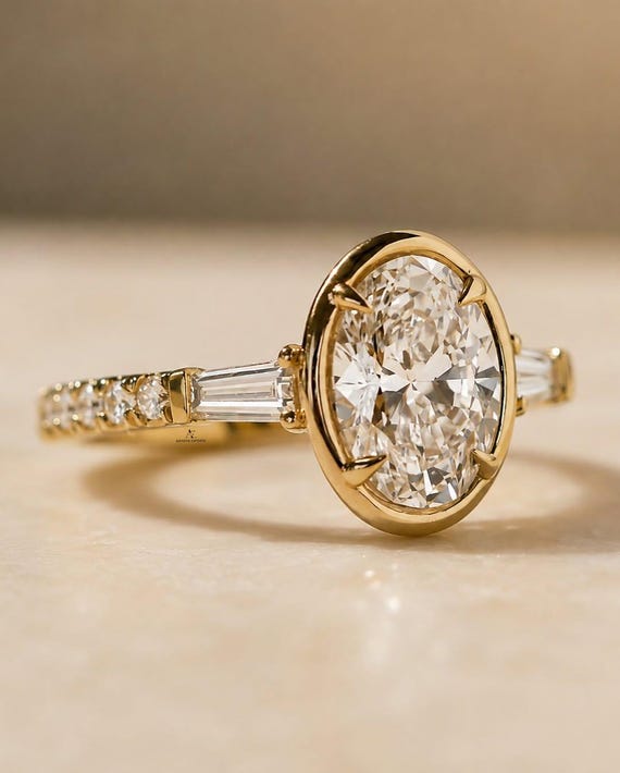 3 Carat Oval Cut Lab Grown Diamond Engagement Ring / Tapered Baguette & Round Side Stones / Wedding Proposal Ring / Full Bezel Set Ring.