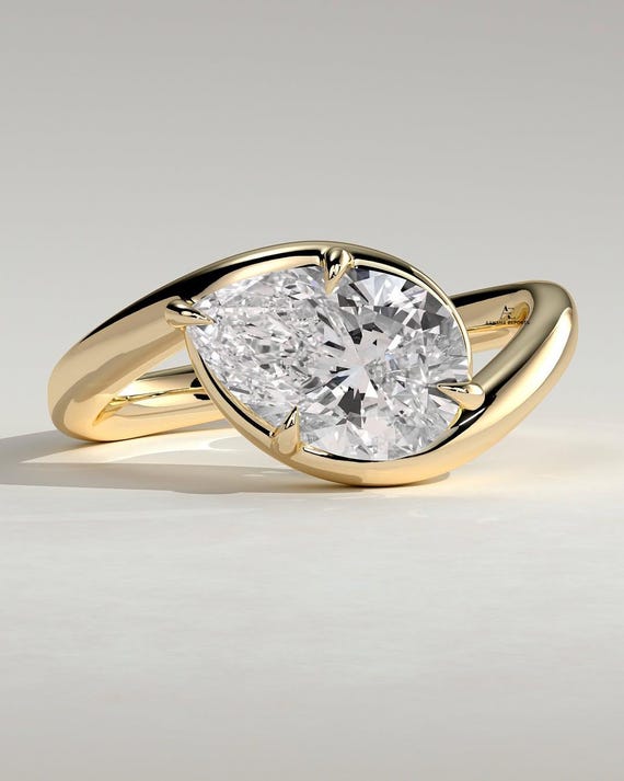 2 Carat Pear Cut Lab Grown Diamond East West Engagement Ring Wave Band (IGI Report)