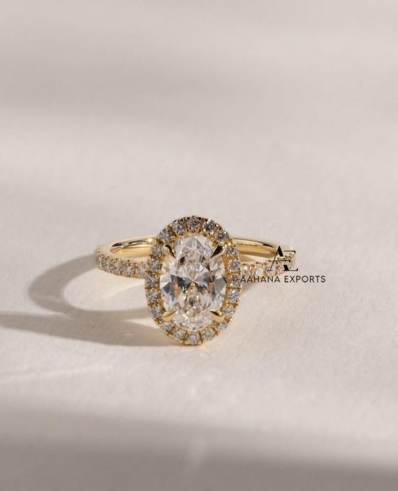 2.00 Carat Oval Diamond Halo Engagement Ring Lab Grown Diamond Halo Wedding Ring 14k Yellow Gold Wedding Ring Anniversary Ring Gift for her.