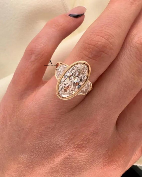 4 Carat Moval Lab Grown Diamond Three Stone Engagement Ring Half Moon Side Diamonds Yellow Gold Trilogy Diamond Ring 3 Stone Ring Full Bezel