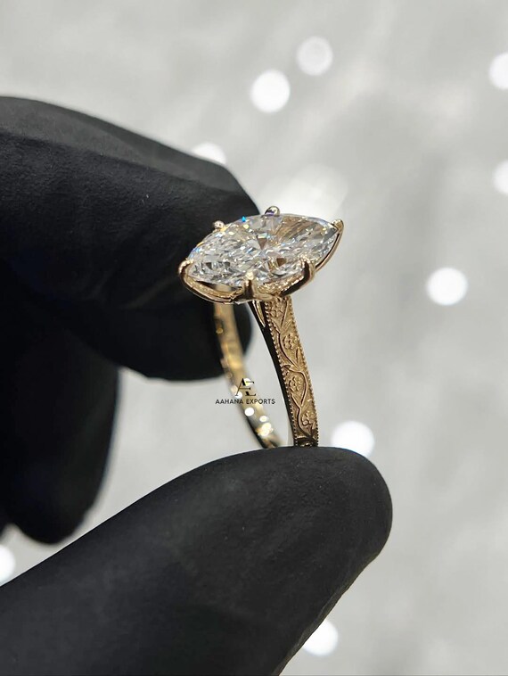 Nature-Inspired 2.00 Carat Marquise Lab Diamond Engagement Ring, 14K Gold Vintage Hand-Carved Filigree Design, Handmade Promise Ring for Her