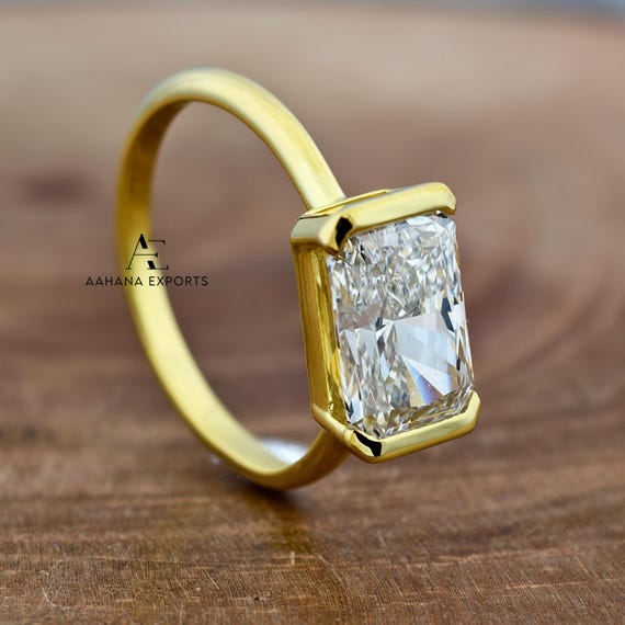 3 Carat Radiant Cut Lab Grown Diamond Engagement Ring / East-West Half Bezel Set Ring / Unique Style Ring For Her /IGI Certified Lab Diamond
