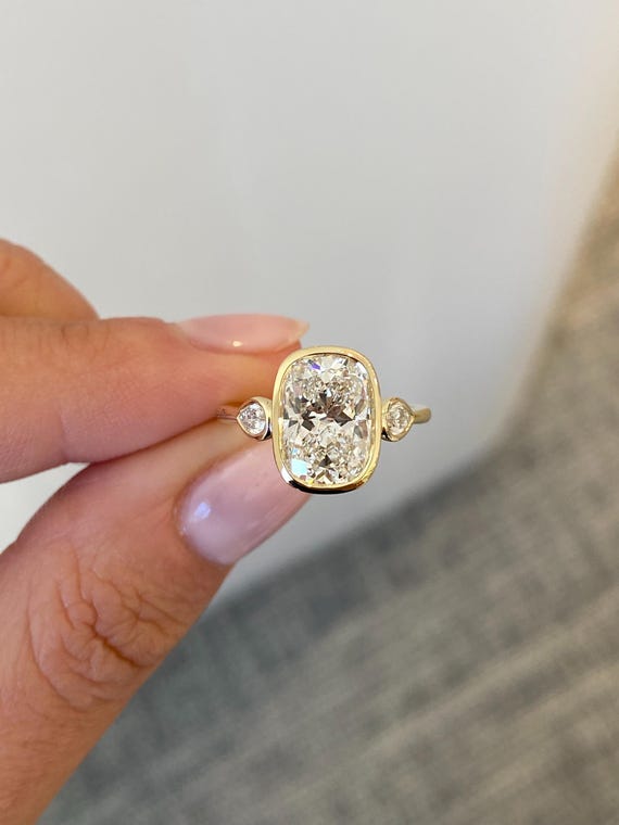 3 Carat Elongated Cushion Lab Grown Diamond Bezel Set Three Stone Ring / Pear and Cusion 3 Stone Ring / Cathedral 3ct CVD Engagement Ring