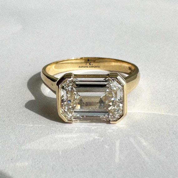 Vintage 2CT Emerald Cut Lab Diamond Engagement Ring, East West Emerald Cut Lab-Grown Solitaire Ring, Half Bezel Set Wedding Gift for Women