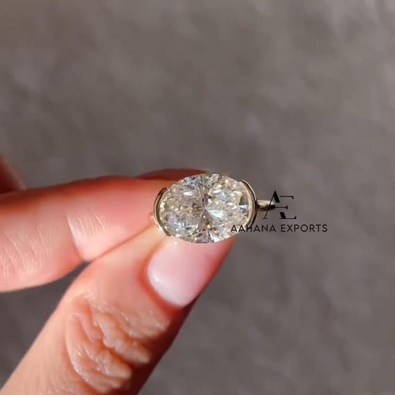 4 CT East West Oval Diamond Engagement Ring, Half Bezel Ring, IGI Certified Lab Grown Diamond, Solitaire Band, Ring for Women, Gifts for Her