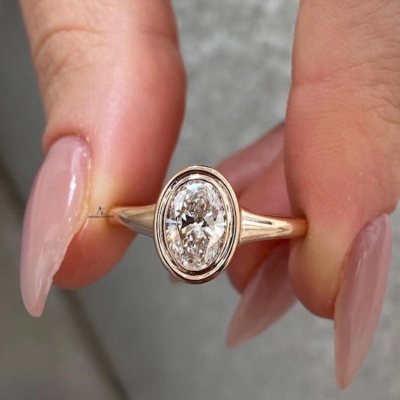 1 Carat Oval Lab Grown Diamond Solitaire Ring 14K Rose Gold Ring / Double Bezel Set CVD Diamond Engagement Ring / 1ct Oval Engagement Ring
