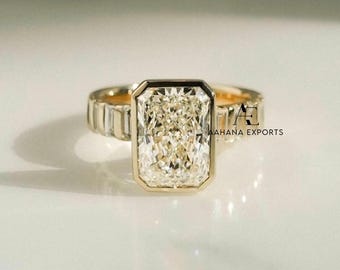 3 CT Radiant Cut Lab Diamond Ring, Bezel Set, Baguette Pave Band