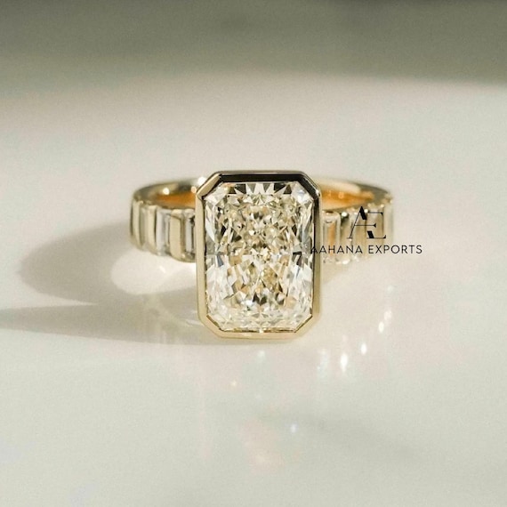 3 CT Radiant Cut Lab Diamond Ring, Bezel Set Ring, Radiant Cut Engagement Ring, Baguette Pave Lab Grown Diamond Ring, diamond ring for her.
