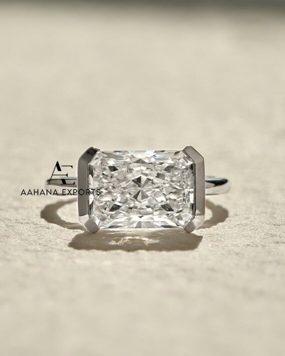 East to West Radiant Cut Half Bezel Set Ring, 3 CT Radiant Cut Lab-Grown Engagement Ring, Classic Solitaire East to West Stone Wedding Ring.