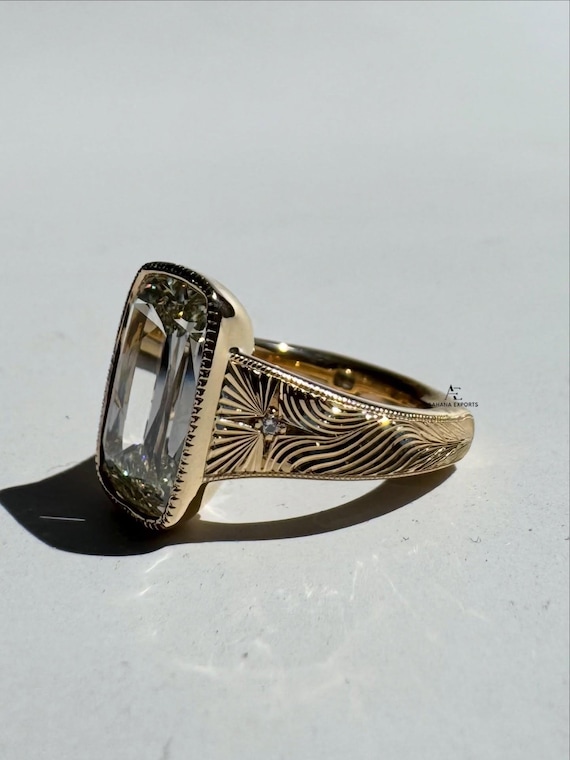 Huge 5 Carat Criss Cut Lab-Grown Diamond Ring Vinatge Engraving Ring Broad Band Art Deco Engagement Ring One Of a Kind Gift Ring For Her.