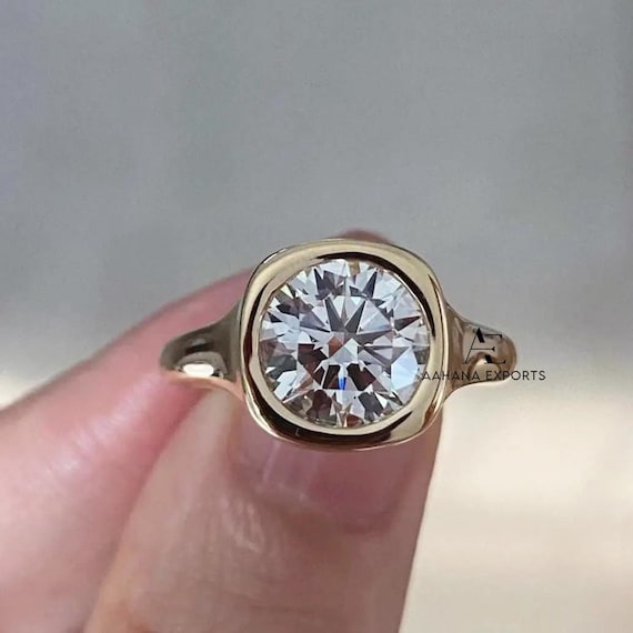 3 Carat Round Lab Diamond Ring | Chunky Gold Bezel Engagement Ring | Modern Gypsy Solitaire | Ethical Statement Proposal Ring | Mens Ring.