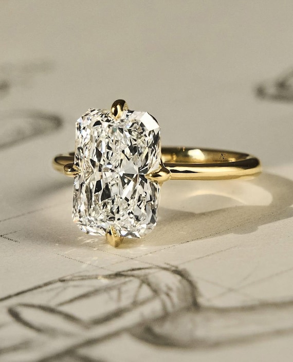 3.00 CT IGI Radiant Cut Lab Grown Diamond Ring, 14k Yellow Gold Hidden Halo Compass Prongs