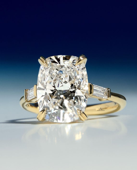 4 Carat Elongated Cushion Cut Lab Diamond Engagement Ring / Three Stone Wedding Ring / Side Baguette Diamond Anniversary Ring For Women.