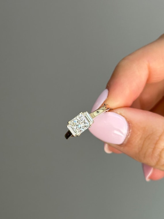 Princess Cut IGI Certified 0.50 Carat E VVS2 Clarity Lab Grown Diamond Solitaire Engagement Ring Handmade of 14k Gold With Side Baguette