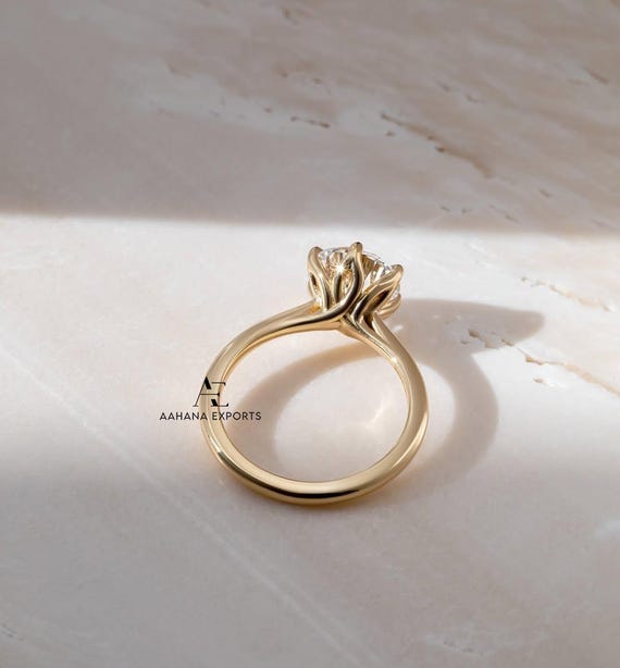 2 CT Antique Floral Tulip Setting Engagement Ring | Round Cut Solitaire Lab Grown Diamond | Flower Basket Lotus Prong Promise Proposal Ring