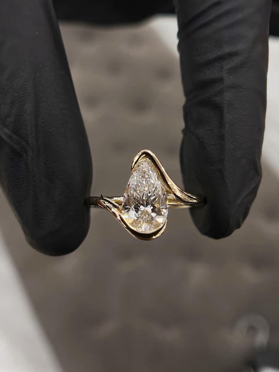 1 Carat IGI Certified Pear Shape Lab Grown Diamond Solitaire Hidden Halo Engagement Ring, Curve band, Half Bezel,10k, 14k, 18k Yellow Gold