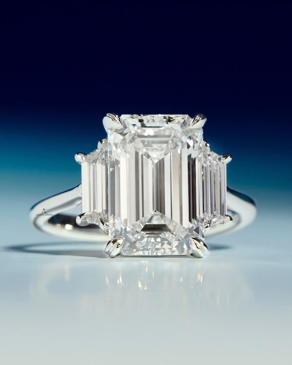 VVS2 Clarity E Color Emerald Cut 5.0 carat IGI Certified Lab Grown Diamond Three Stone Engagement Ring, Side Trapezoids, Handmade Solid Gold
