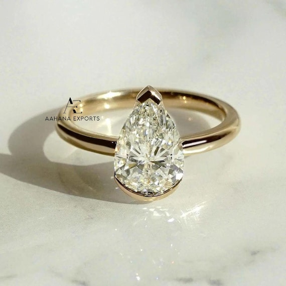2 Carat IGI Certified Pear Shape Excellent Cut Lab Grown Diamond Solitaire Engagement Ring, Bezel Set 14k Yellow Gold Wedding Ring For Her.