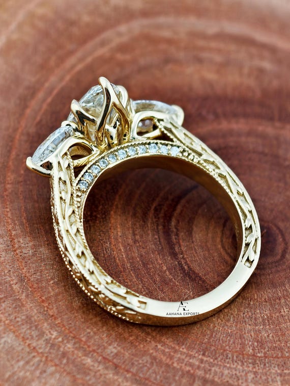 1.5CT Marquise Cut Lab Grown Diamond Ring | Pave Bridge Engagement Ring | Engraved Vintage Floral Band Ring | Antique Milgrain Marquise Ring