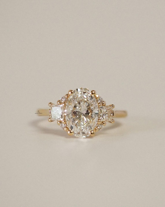 3.00Ct Oval Lab Grown Engagement Ring, Side Princess and Round Diamonds, Cathedral Wedding Ring, IGI Certified, Proposal Gift Ring For Her