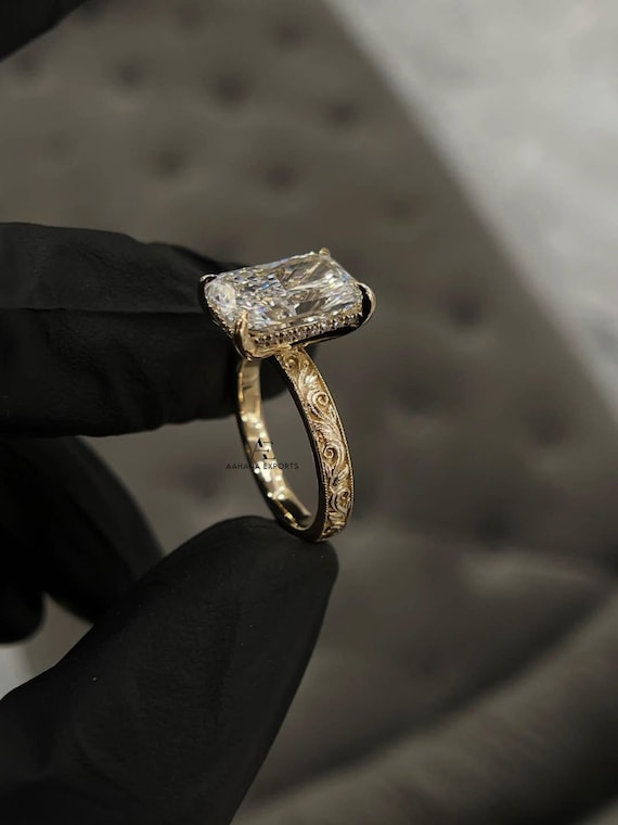Victorian 3ct Radiant Cut Lab-Grown Engagement Ring Engraved Lab-Grown Wedding Ring Solid Gold Cathedral Setting Promise Rings For Women