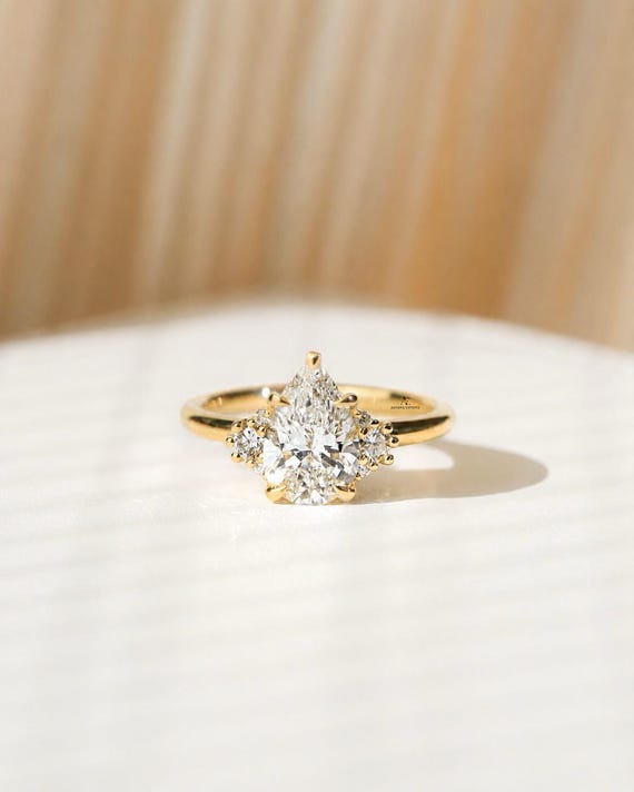 3 Carat Pear Diamond Ring Lab Grown with Side Cluster Diamonds | Proposal Ring | Anniversary Ring | Engagement Ring | Wedding ring for her