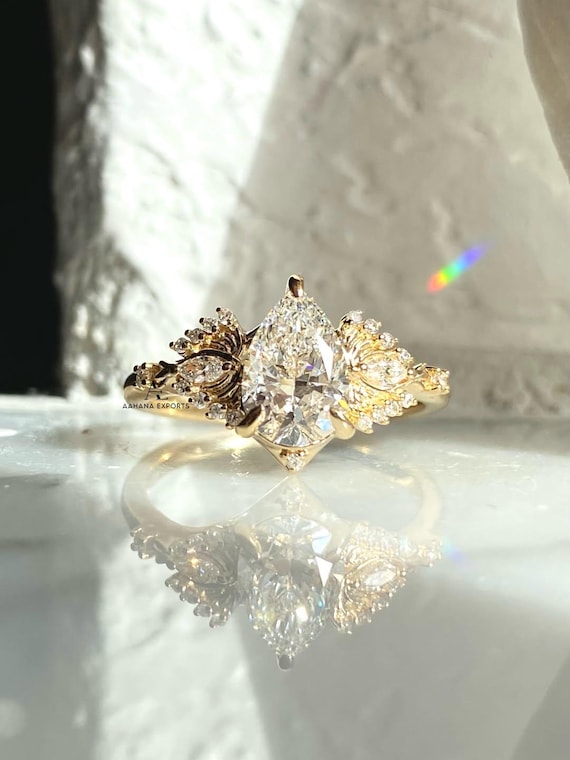 1 Carat Pear LG-Diamond Ginkgo Butterfly Lab Grown Diamond Pear Cut Unique Engagement Ring 14k Gold Vintage Engagement Ring Butterfly Effect