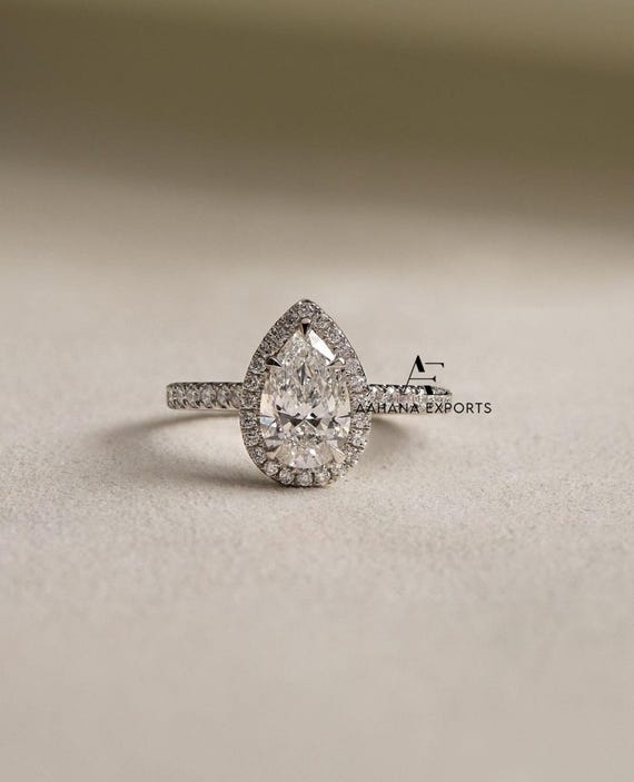 2 Carat Pear cut Lab Grown Diamond Ring, Pear Cut Halo Engagement Ring, Bridal Lab Grown Ring with Small Round Diamond on Shank, Best gift