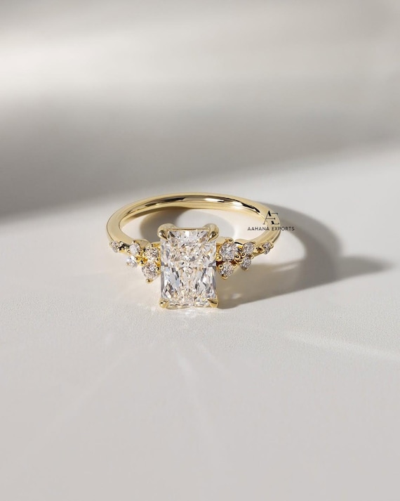 3 Carat Radiant Cut Lab Grown Diamond Engagement Ring | IGI Certified | Solitaire Diamond Ring | 14K Solid Gold | Side Round Diamonds.