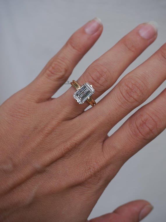 4.00 CT Elongated Emerald Cut Lab-Grown Solitaire,14k Solid Yellow Gold, Engagement Ring, Gorgeous 4 Compass Prongs Double Band Unique Gift
