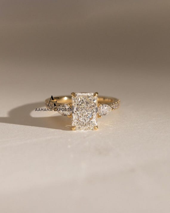 3 CT Radiant and Pear Three Stone Diamond Ring, Radiant Cut Lab Created Diamond Ring, Side Pear Cut Diamond, Anniversary Ring Wedding Ring.