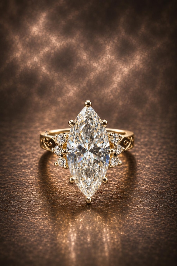 Huge 7.00 CT Marquise Diamond Engagement Ring | Lab Grown Diamond | Vintage Ring Engraved Band | Yellow Gold | Art Deco | Engagement Gift