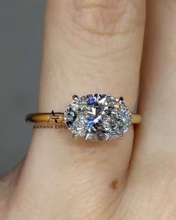 East to West Stylish 2 Carat Oval Cut IGI Certified Lab Grown Diamond Solitaire Hidden Halo Engagement Ring Wedding Ring Anniversary Ring.