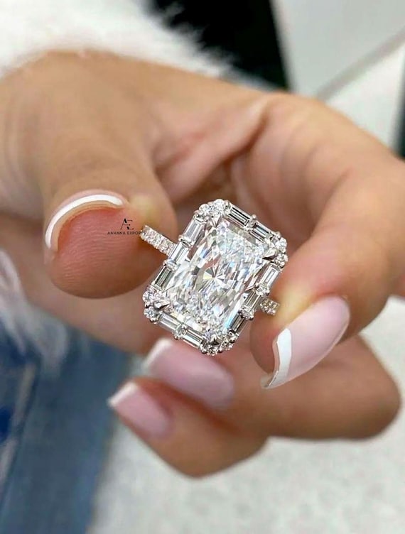 4.00ct IGI Certified E/VVS2 Radiant Cut Lab Created Diamond Proposal Ring 14K White Gold Setting Baguette And Round Side Stones Cut