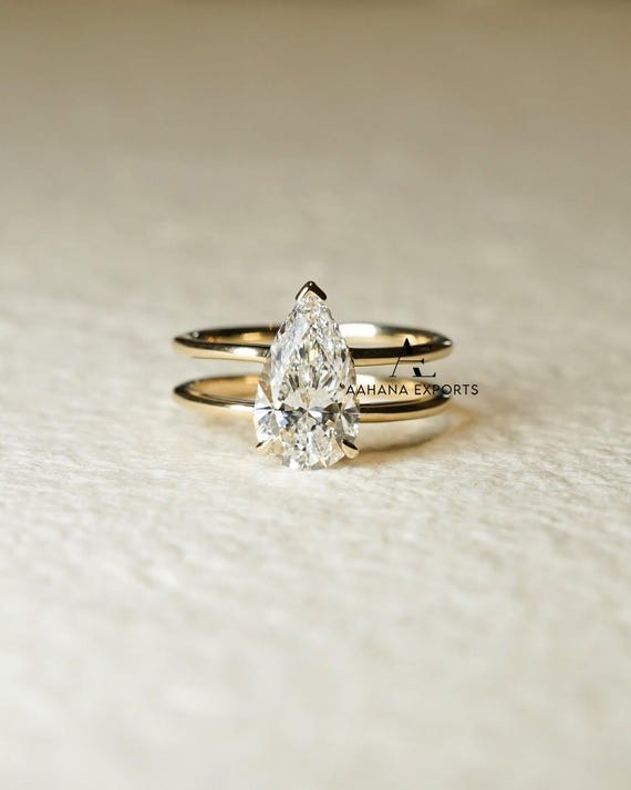 2 Carat Pear Cut Lab Grown Diamond Ring, Pear Shaped Engagement Ring Set, Solitaire Ring, Hidden Halo Ring, 14k Yellow Gold Double Band Ring