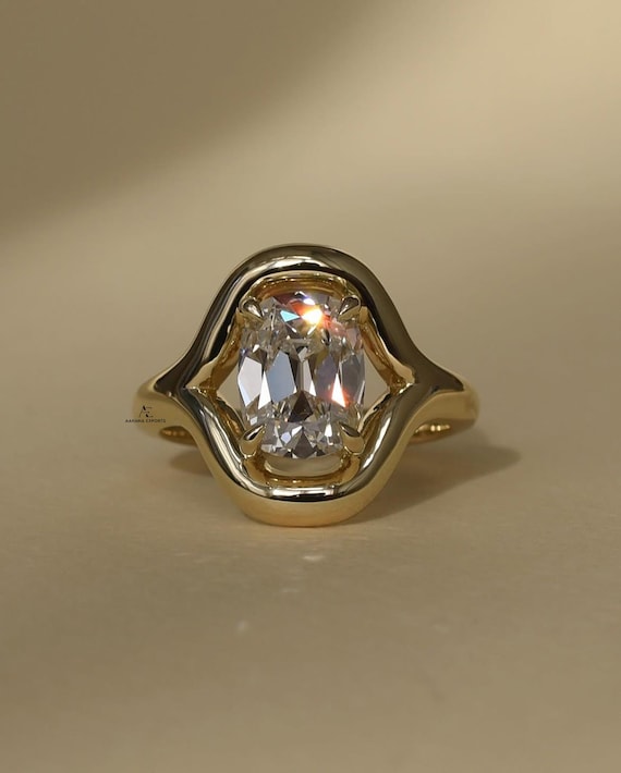 Floating Style Old Mine Cut Elongated Cushion Lab Diamond Split Shank Engagement Ring, Half Bezel, Dual Chunky Shank Ring For Women